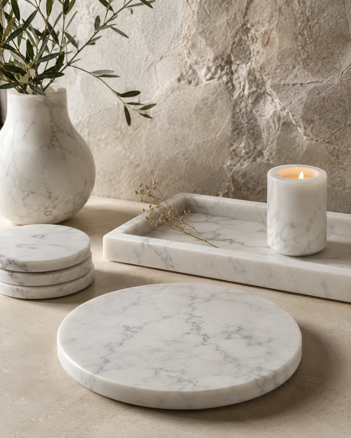 Composición de productos decorativos elaborados en mármol blanco de Macael